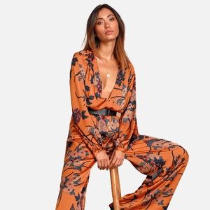 Orange Floral Print Satin Wide-Leg Jumpsuit